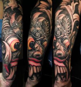 Detailed ornamental features in a Balinese Barong tattoo design