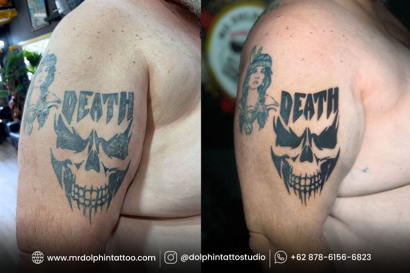 Before and after comparison of a skull tattoo with DEATH lettering showing darker outlines and improved contrast