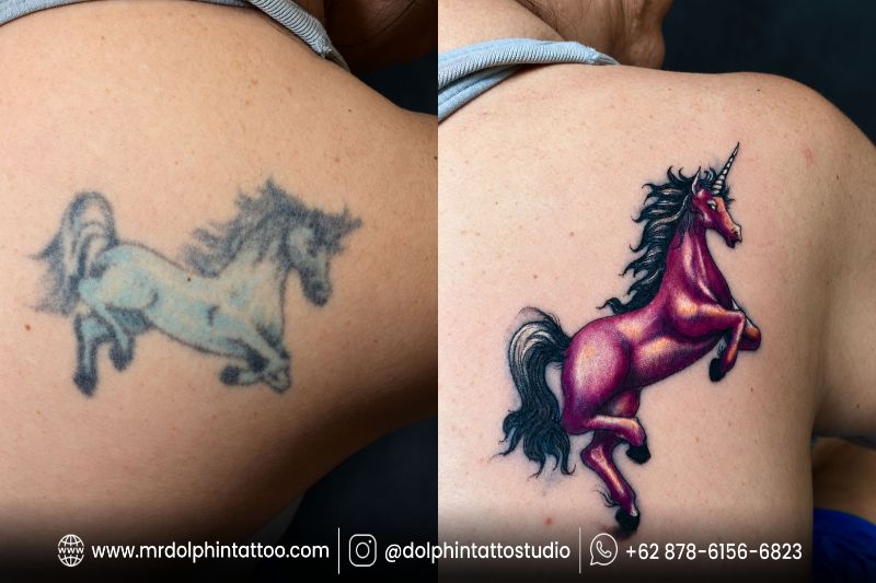 Before and after comparison of a faded horse tattoo transformed into a vibrant purple unicorn
